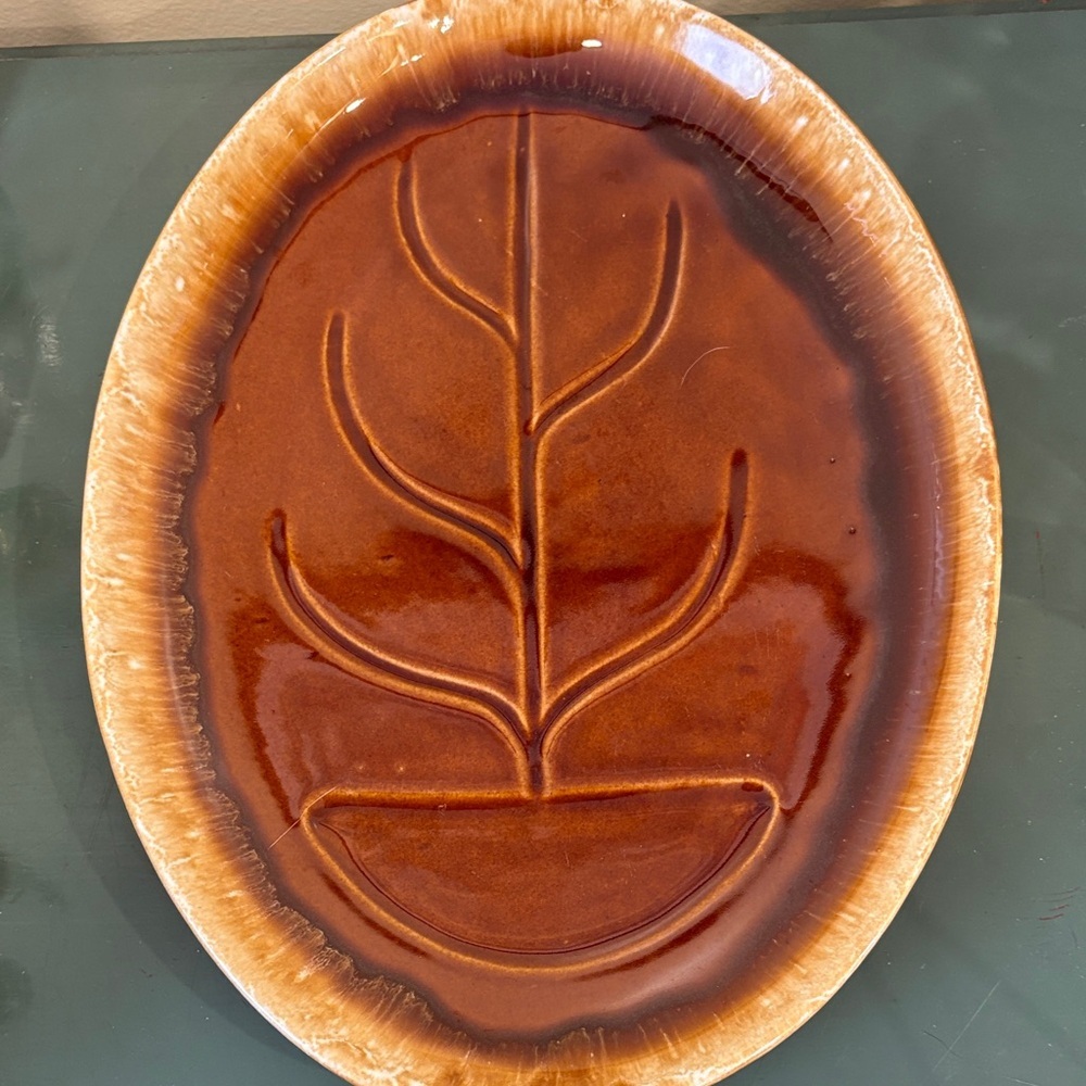 Vintage 1960s McCoy Pottery ‘Tree of Life’ Brown Glaze Drip Serving Platter